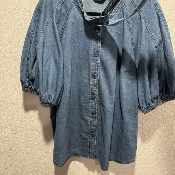 Lands End Denim Puff Sleeve Tie Front Top Women’s XL Medium Wash 100% Cotton - Picture 6 of 9